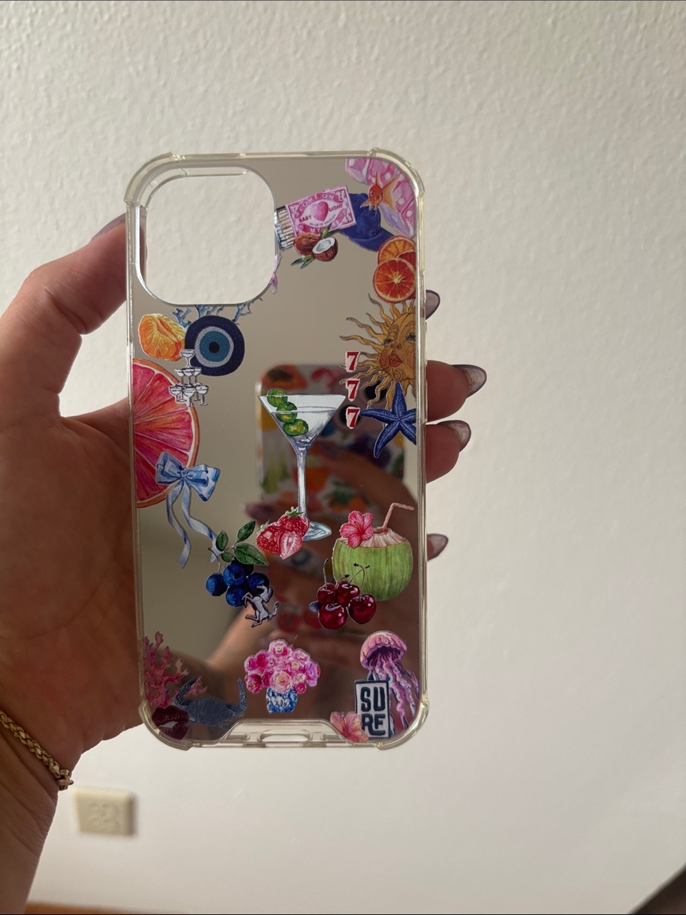 SHEIN iPhone 15 Mirrored Clear Phone Case with Multicolor Sticker Accents